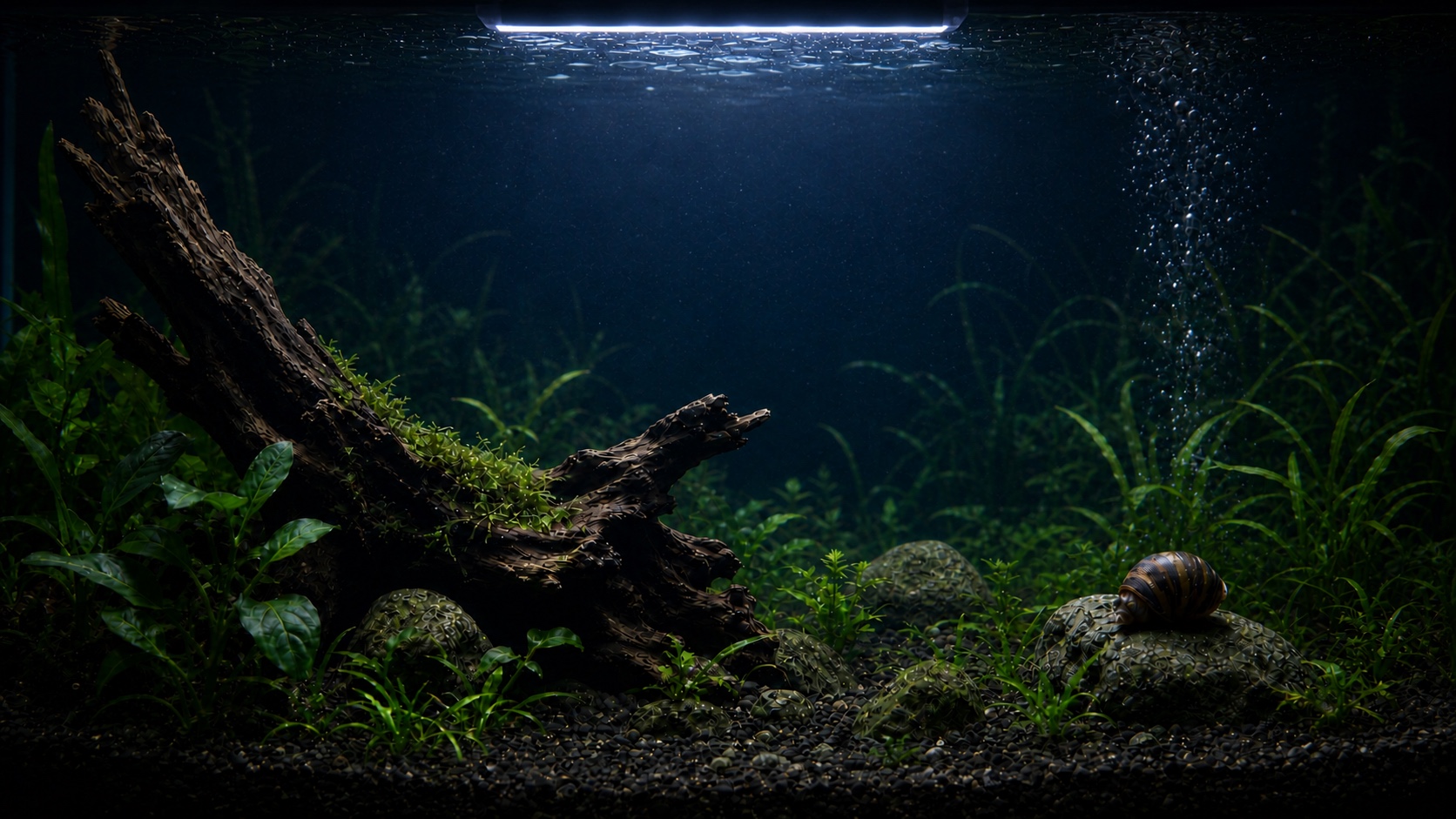 Planted freshwater aquarium with driftwood and soft lighting
