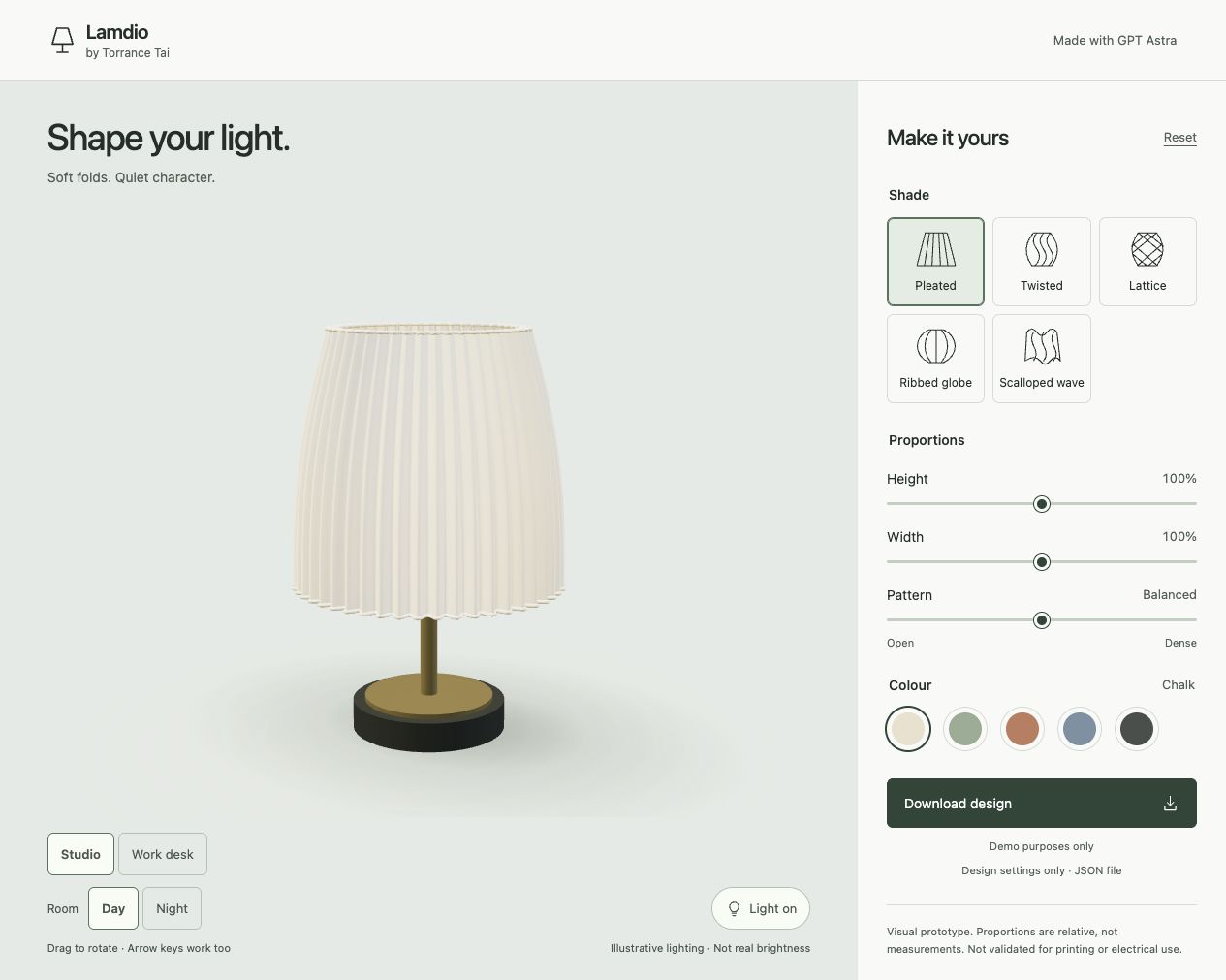 Lamdio desktop customiser showing the pleated shade