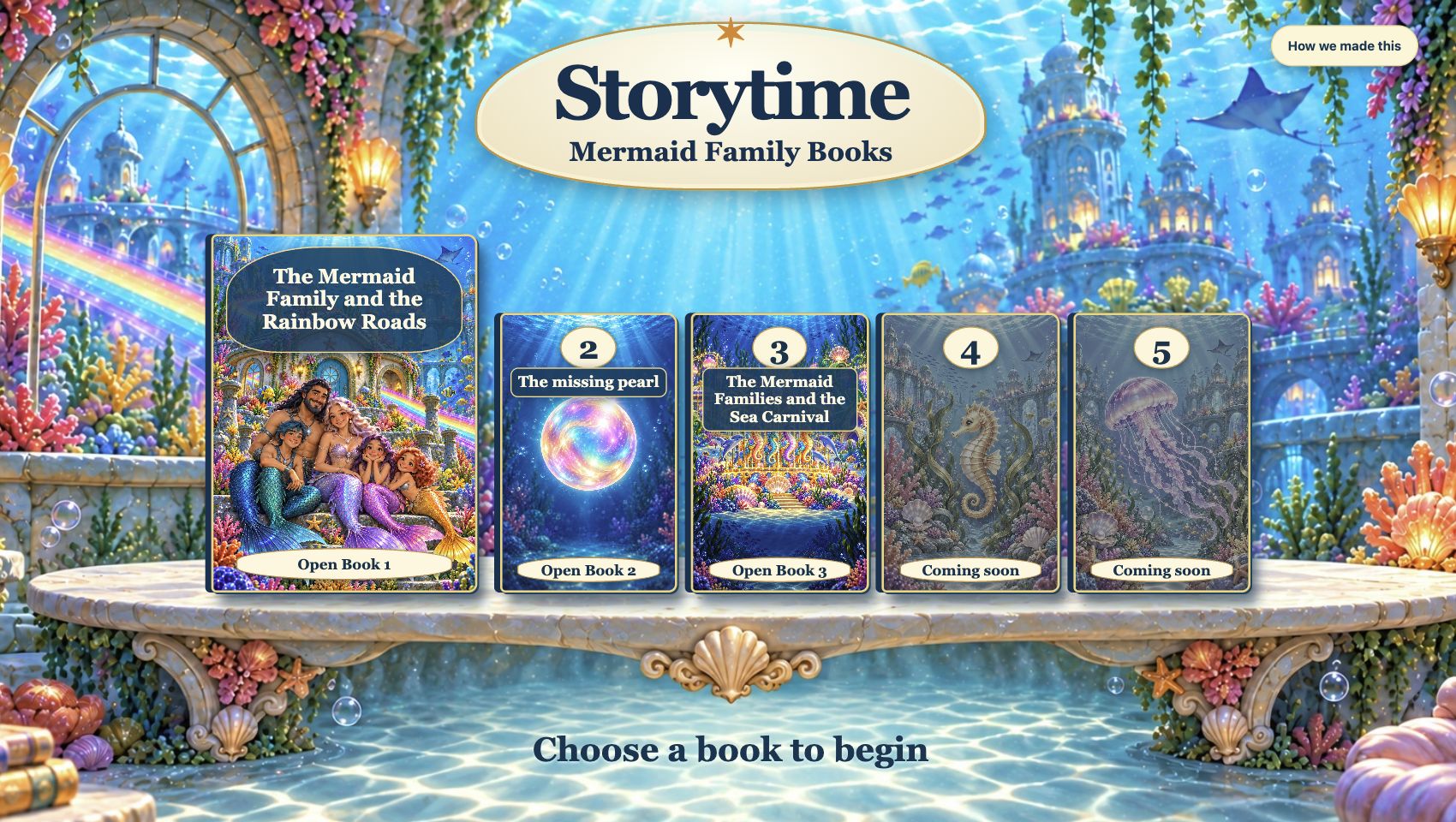 Storytime desktop bookshelf with the Mermaid Family books