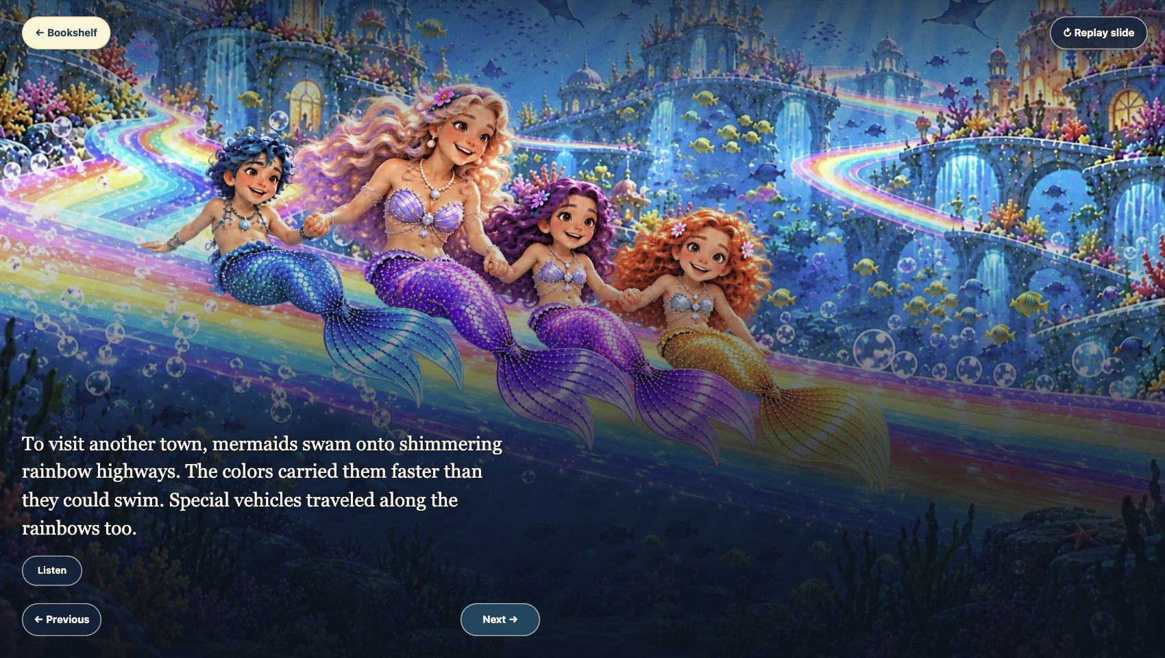 Storytime desktop page showing the family on a rainbow road